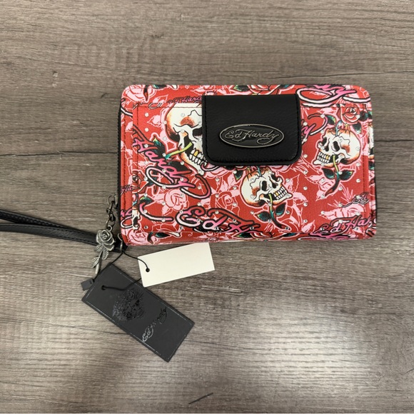 Ed Hardy Handbags - Ed Hardy Red and Black Skull Wallet Large Zipped Wristlet